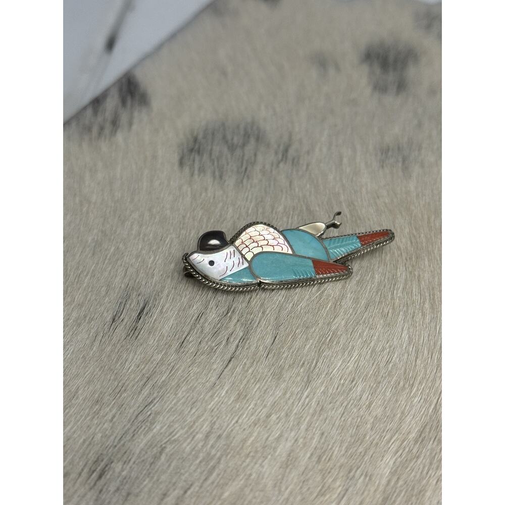 Zuni 2” Leland Peketewa Sterling Silver Inlay Turquoise Coral MOP Parrot Pendant - Picture 4 of 13